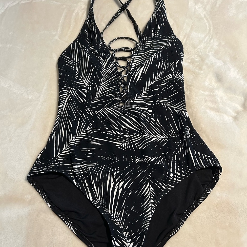 Michael Kors Black and White Palm Print One Piece